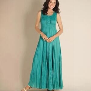 Soft Surroundings NWT Smocked Crinkle Maxi Dress Green Teal Boho XL